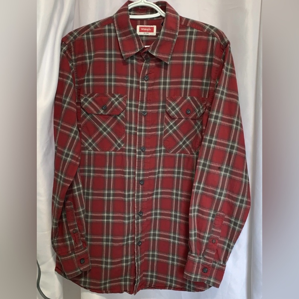 Wrangler Western Cotton Shirt Men’s Small Red Brown Cream Plaid Pencil Pocket